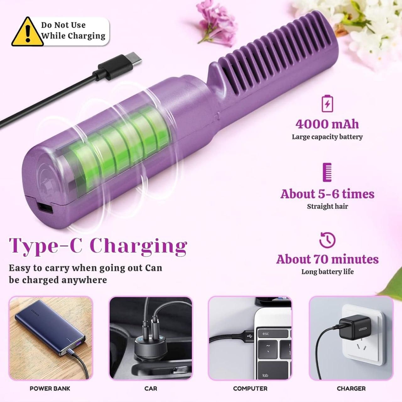Portable Cordless Rechargeable Mini Adjustable Hair Straightener Hot Comb
