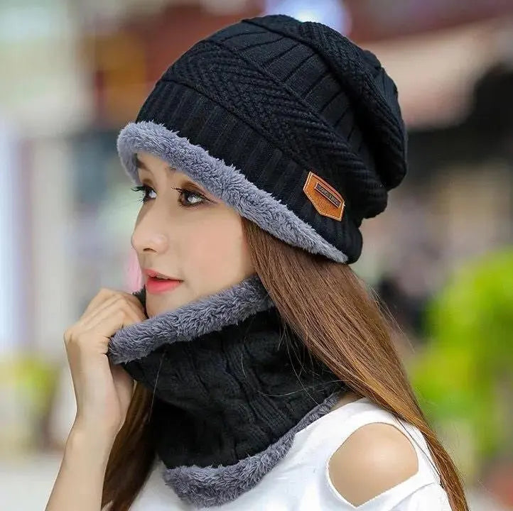 Coral Fleece Scarf & Beanie cap For Men & Women (Black, Free Size)