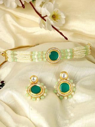 Gold plated Lime Green Beads and Pearl Beaded Green Polki Kundan Choker Necklace Set