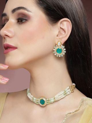 Gold plated Lime Green Beads and Pearl Beaded Green Polki Kundan Choker Necklace Set