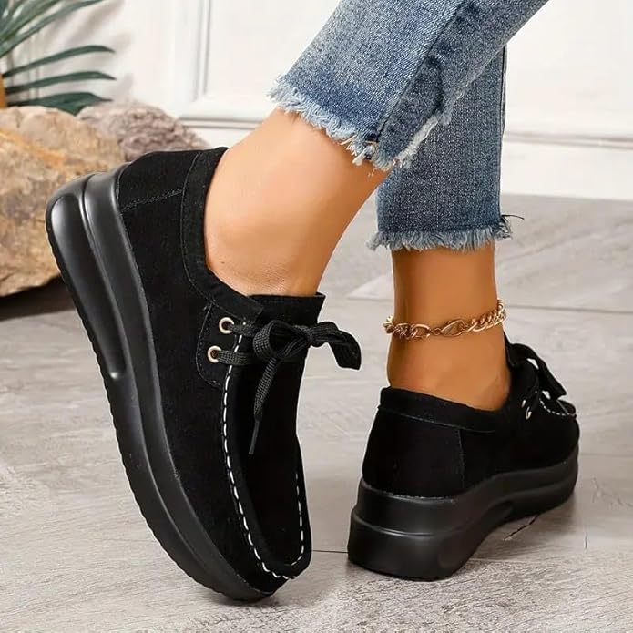 Thox Casual Platform Wedge Heel Lace Up Shoes For Women (Black)