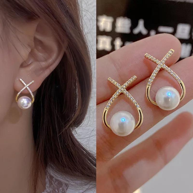 KOREAN Studded Cross Pearl Earrings For Women And Girls