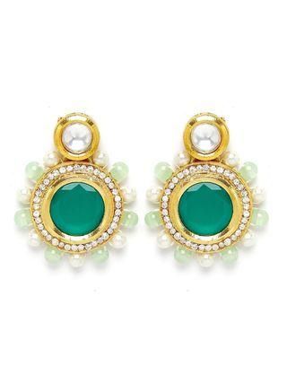 Gold plated Lime Green Beads and Pearl Beaded Green Polki Kundan Choker Necklace Set