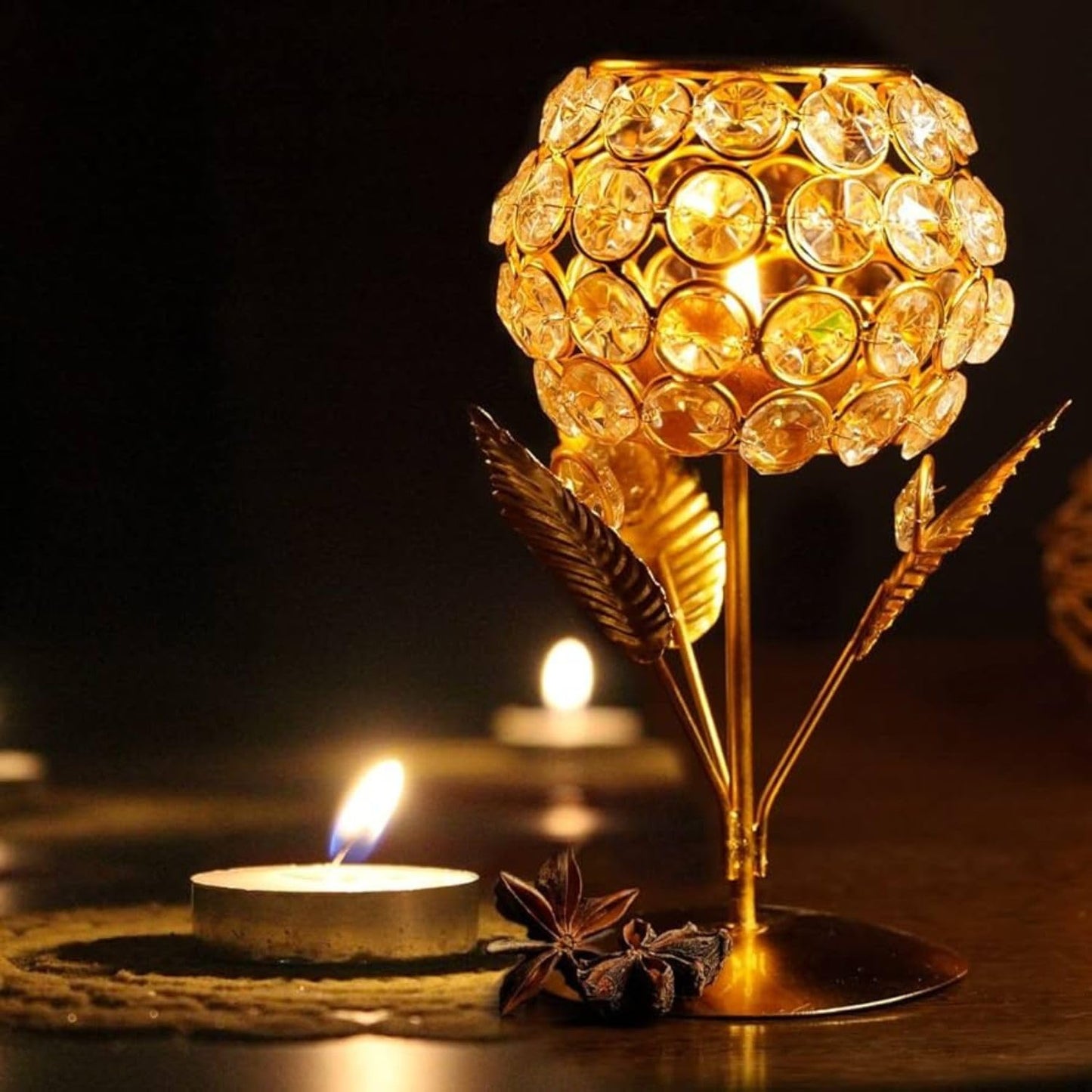 Leaf Design Crystal Glass Tea Light Holders – Set of 2