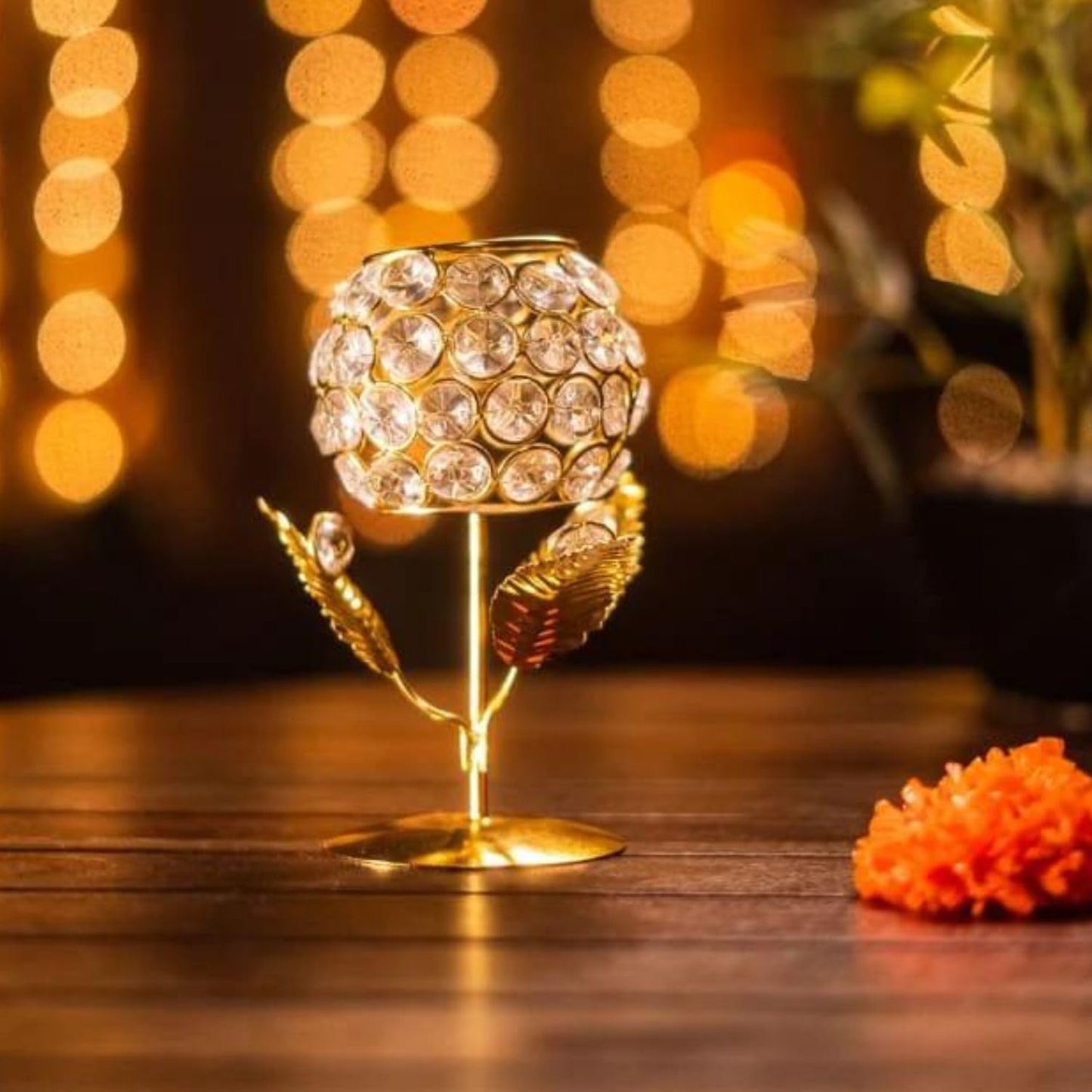 Leaf Design Crystal Glass Tea Light Holders – Set of 2