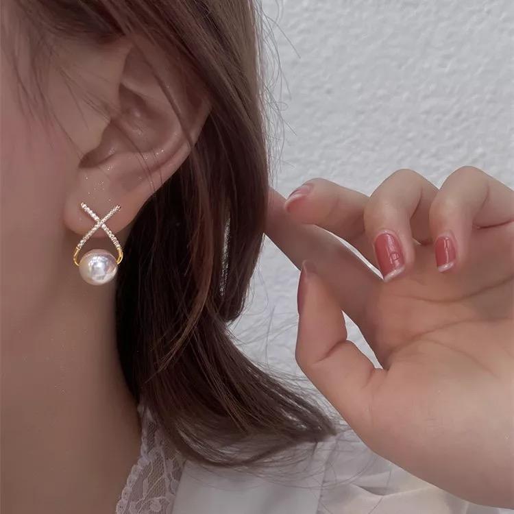 KOREAN Studded Cross Pearl Earrings For Women And Girls