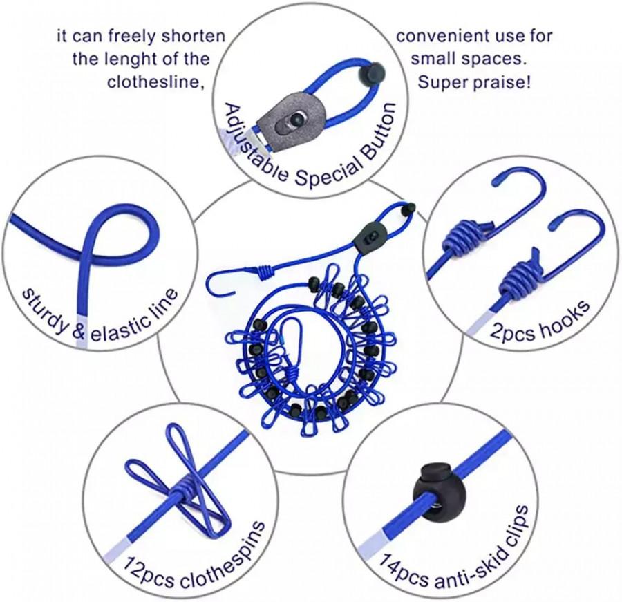 Cloths hanging/drying wireline with 12 pcs attached clips