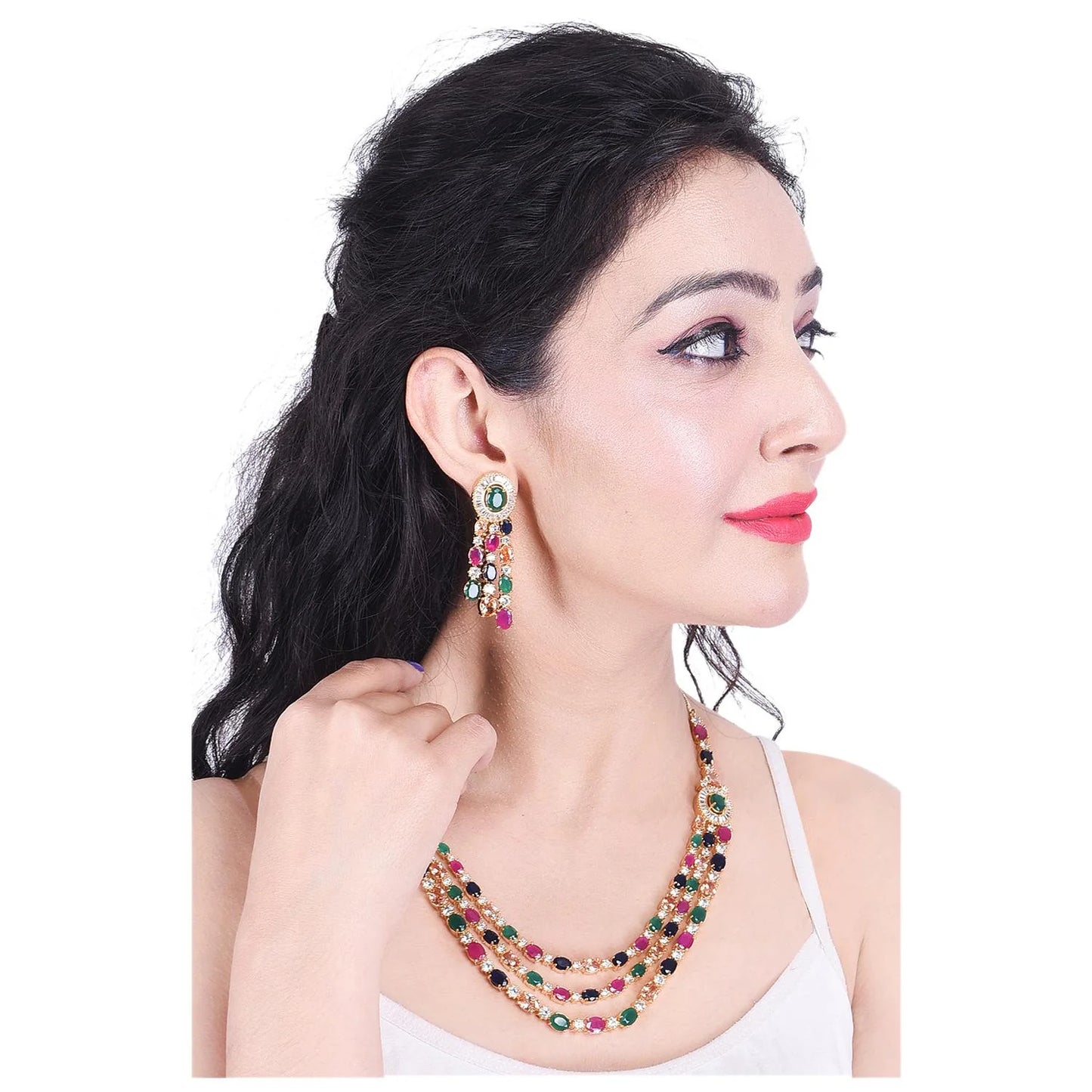 American Diamond Multicolor Fashion Jewelry Set Multi-Layer Necklace with Matching Earrings 💎