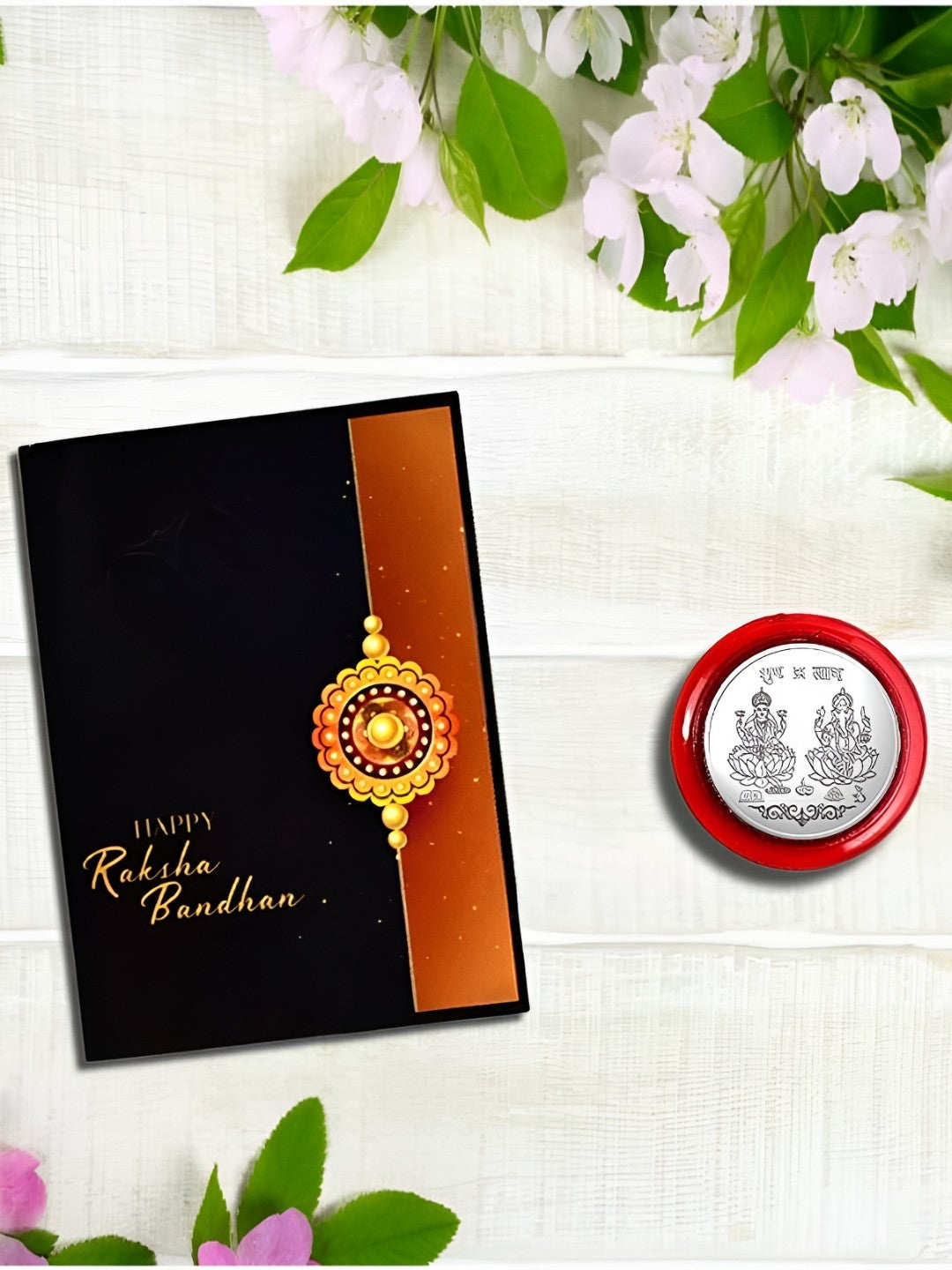 Premium Rakhi Set with Silver Plated Coin, Roli Chawal & Greeting Card (Pack of 5)
