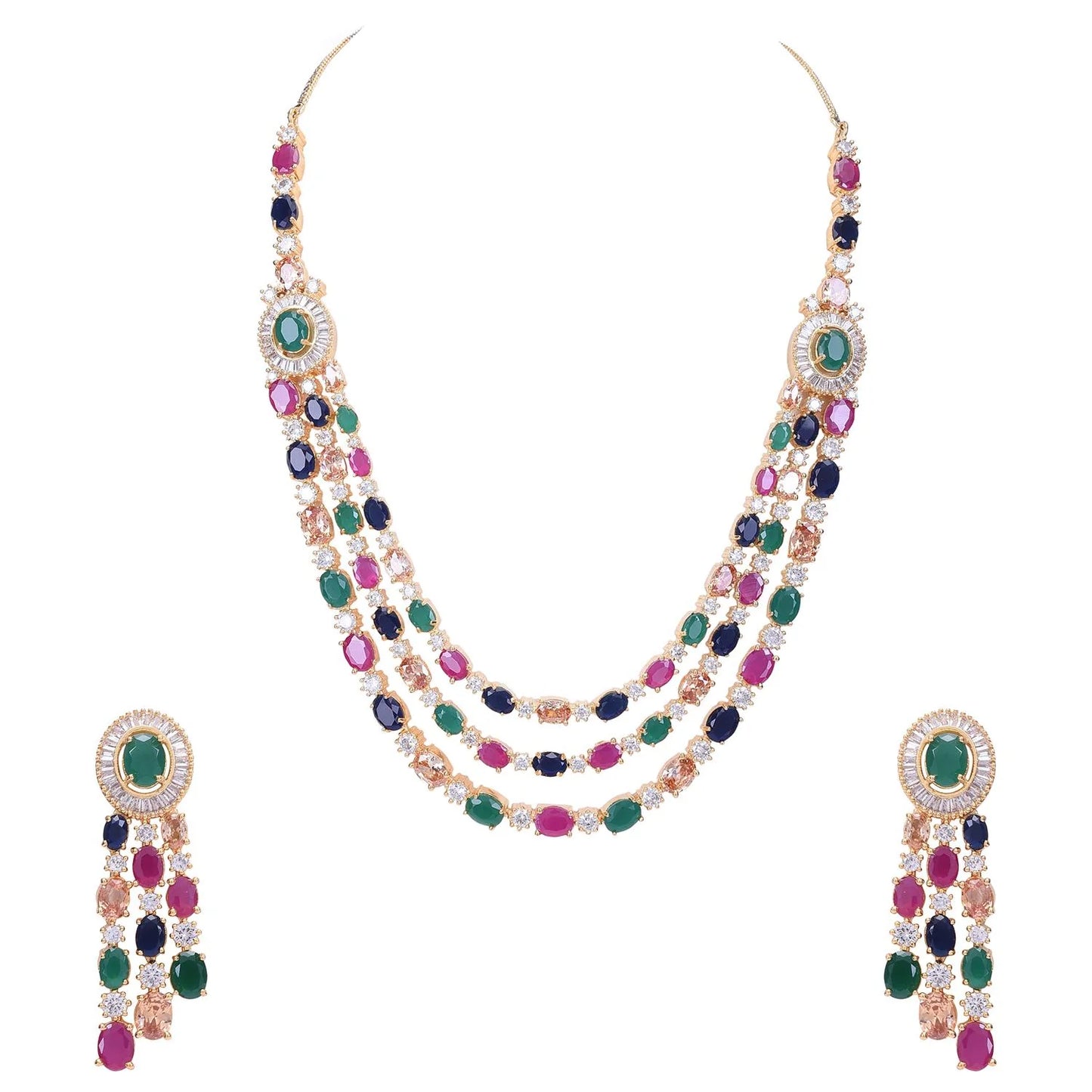 American Diamond Multicolor Fashion Jewelry Set Multi-Layer Necklace with Matching Earrings 💎
