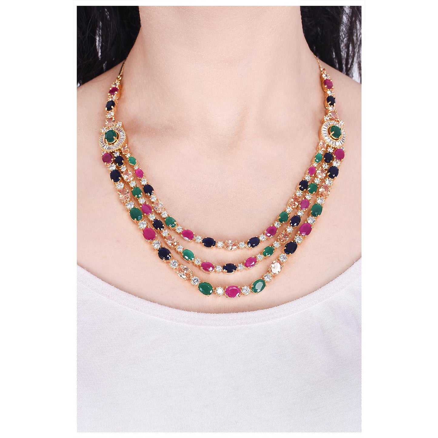 American Diamond Multicolor Fashion Jewelry Set Multi-Layer Necklace with Matching Earrings 💎
