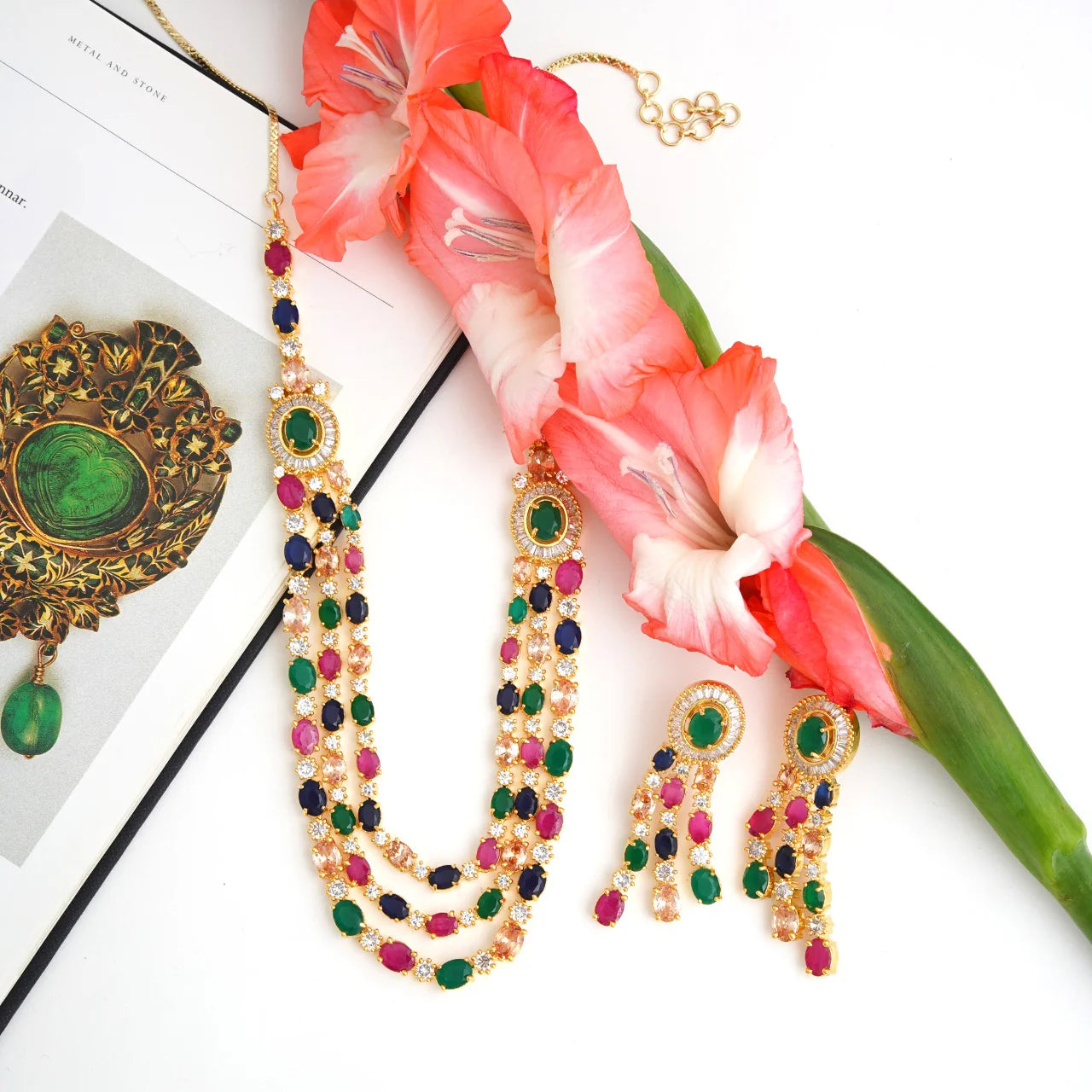 American Diamond Multicolor Fashion Jewelry Set Multi-Layer Necklace with Matching Earrings 💎