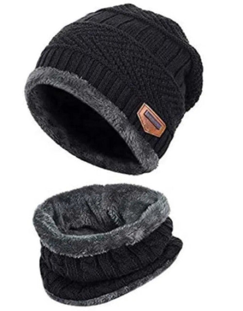 Coral Fleece Scarf & Beanie cap For Men & Women (Black, Free Size)