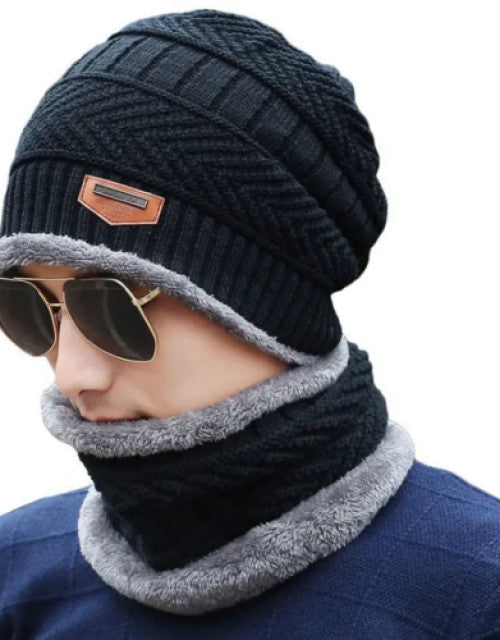 Coral Fleece Scarf & Beanie cap For Men & Women (Black, Free Size)