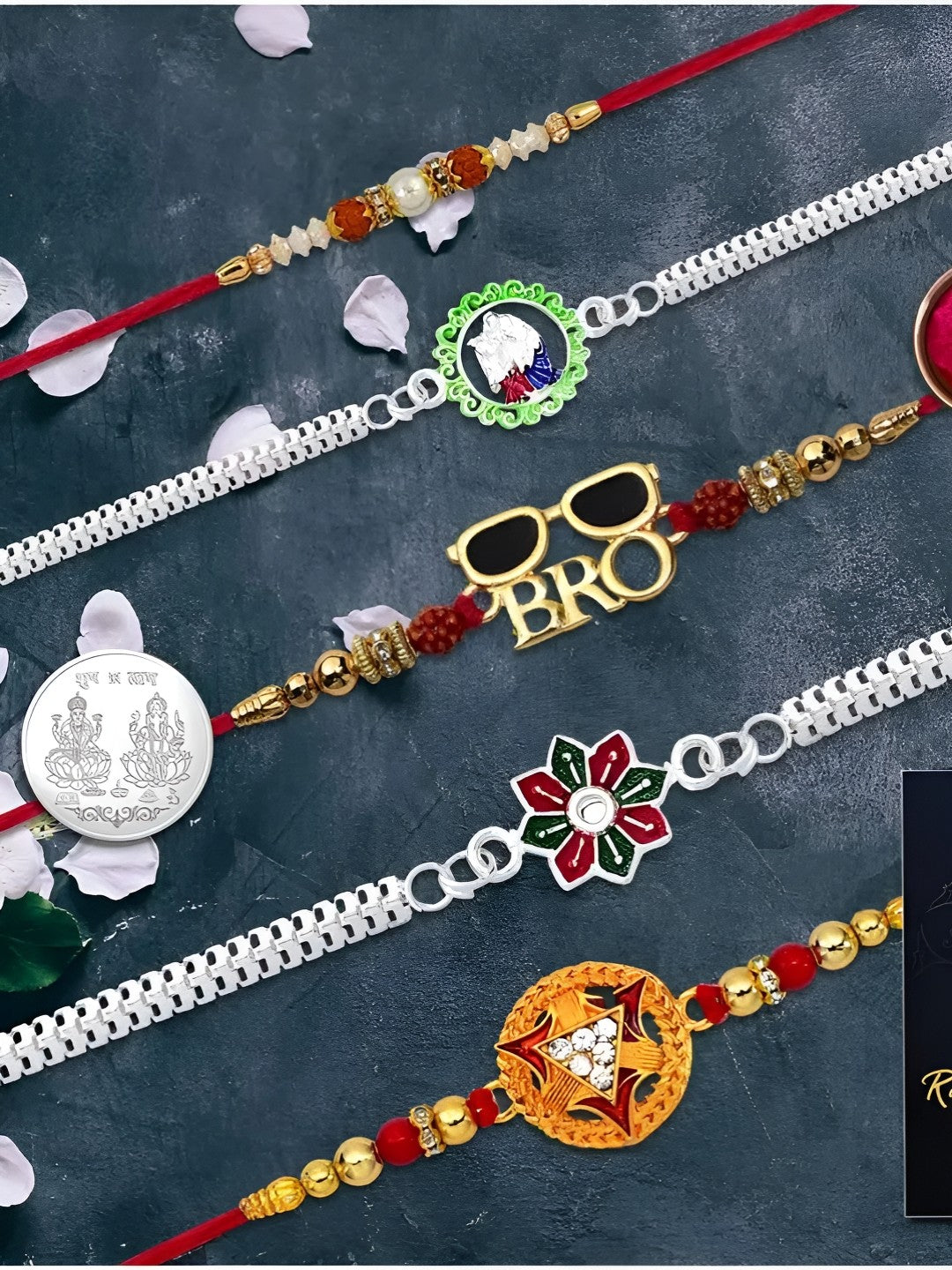 Premium Rakhi Set with Silver Plated Coin, Roli Chawal & Greeting Card (Pack of 5)