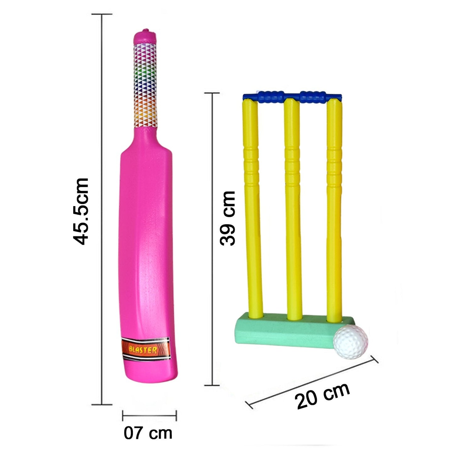 Plastic cricket set showing bat and ball for playful use