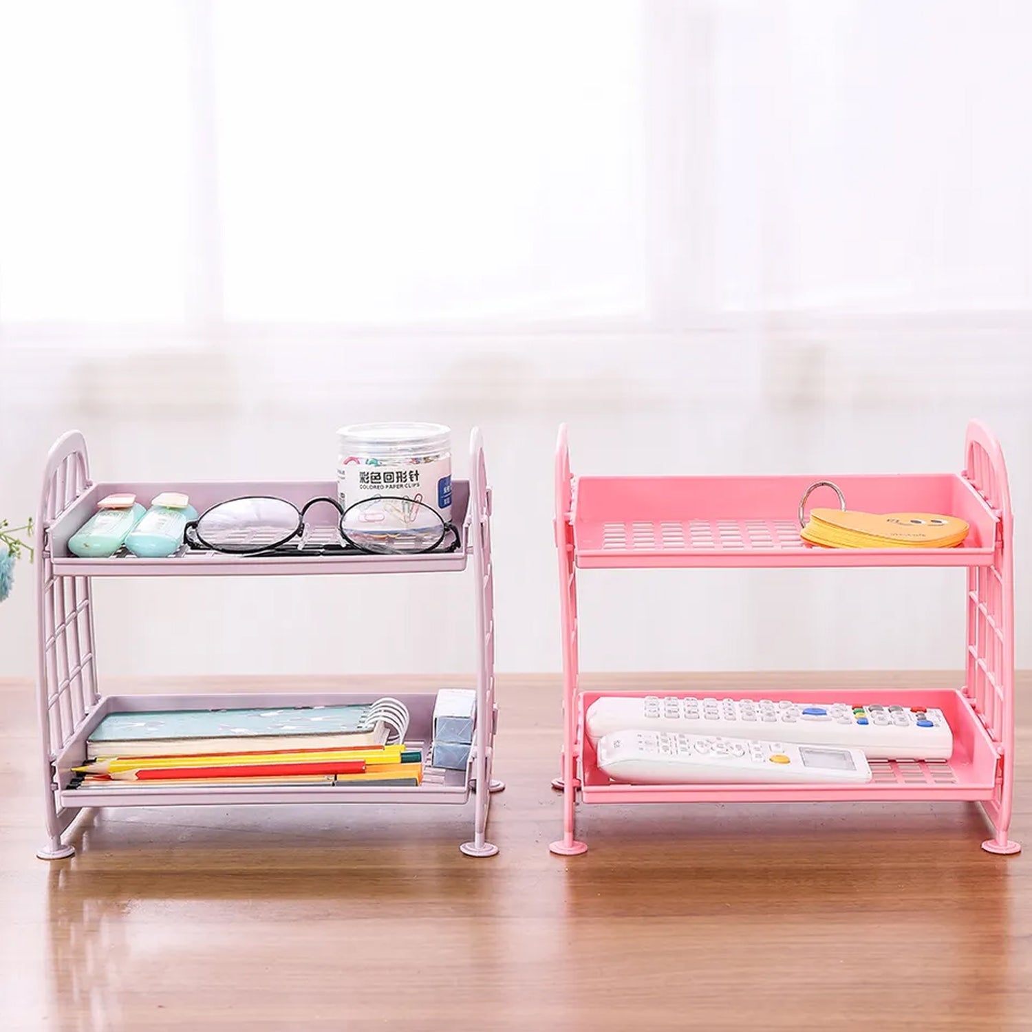 Plastic small storage shelf, foldable with 2 tiers for organization