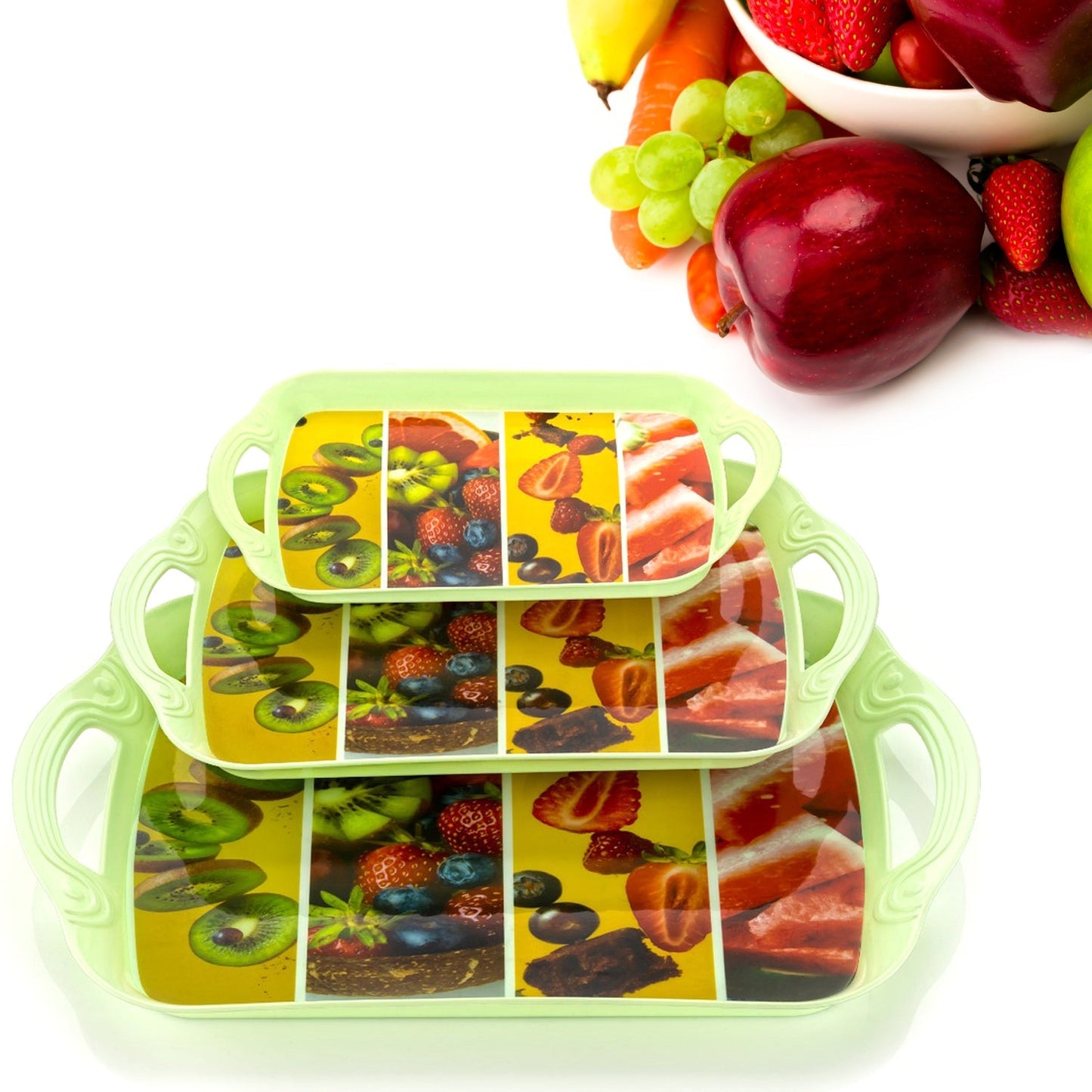 Multicolour serving tray set, includes small, medium, large sizes, perfect for entertaining.