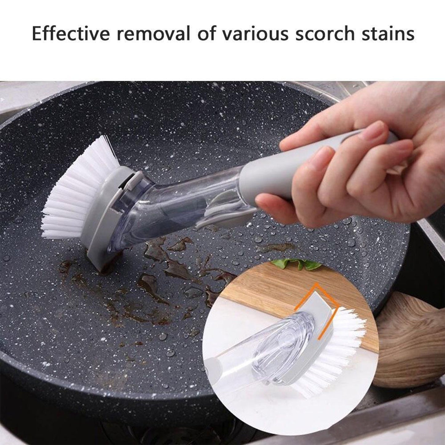 Dishwashing brush with long handle, ideal for washing large pots and pans.