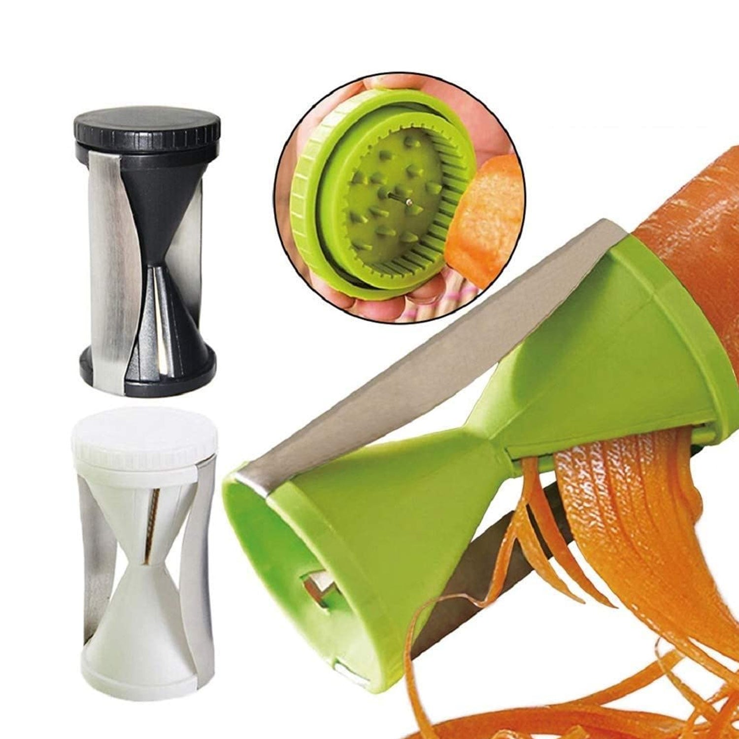 Stainless steel spiral slicer for vegetables and fruits, handheld and easy to use.