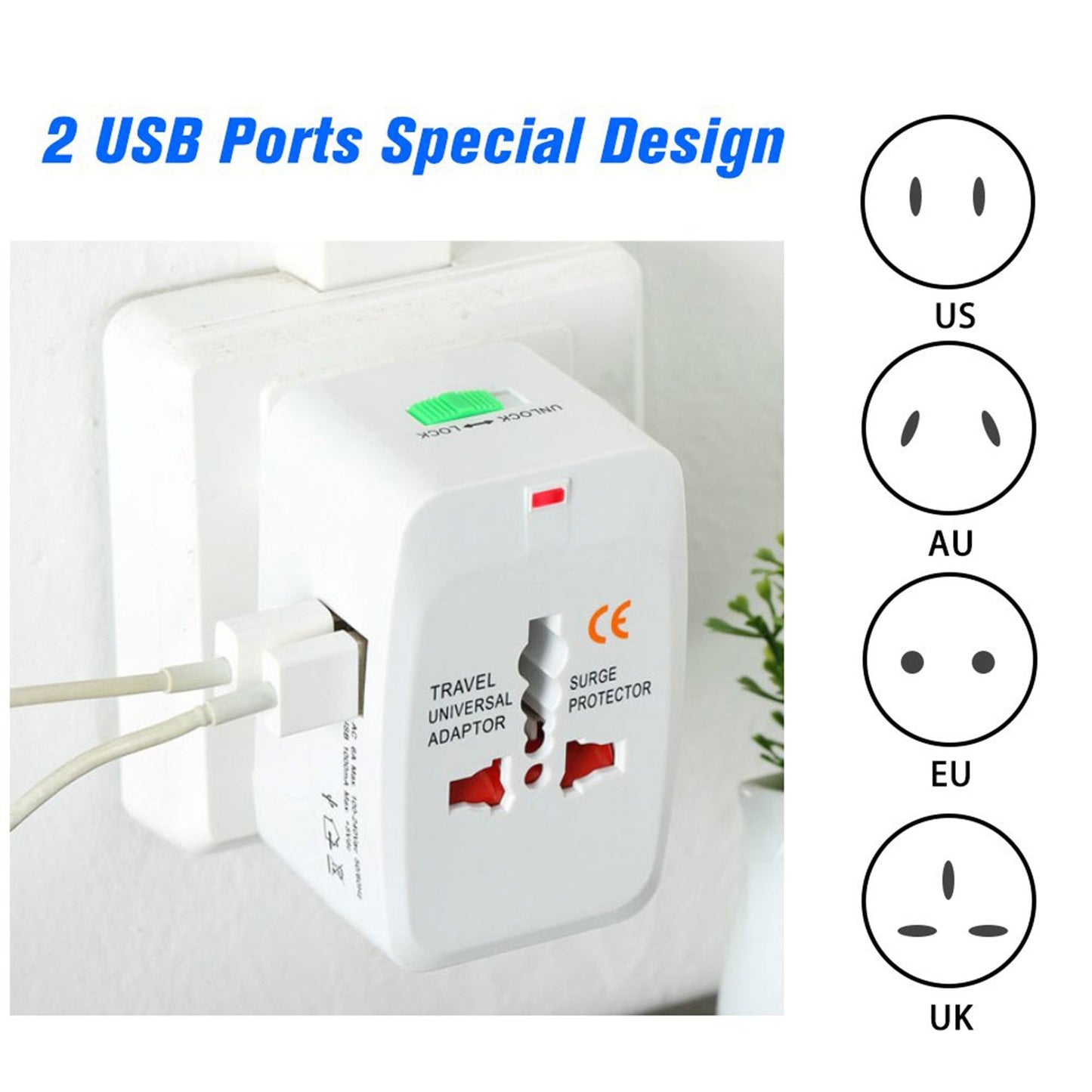 All-in-One Universal Worldwide Travelling AC Adaptor Plug (AU / UK / US / EU) with USB Port