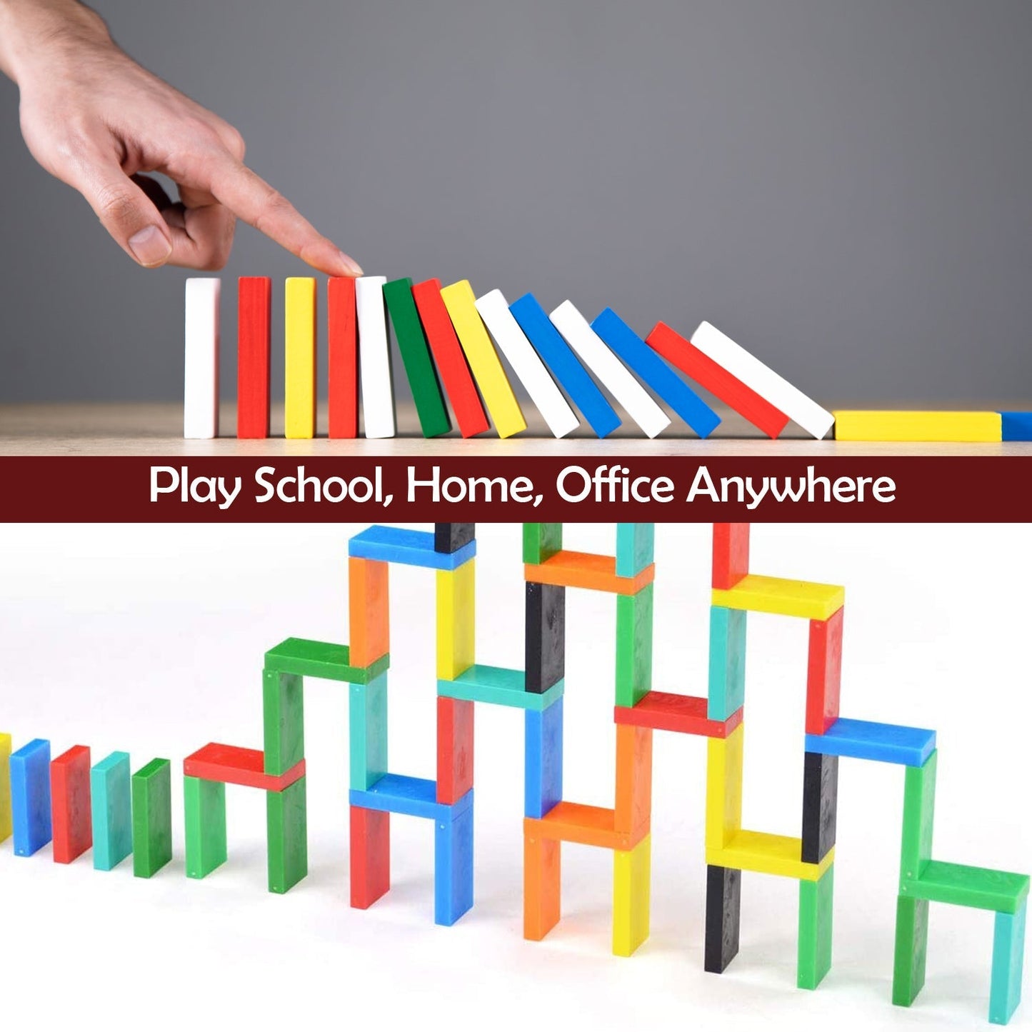 Close-up of colorful domino blocks stacked