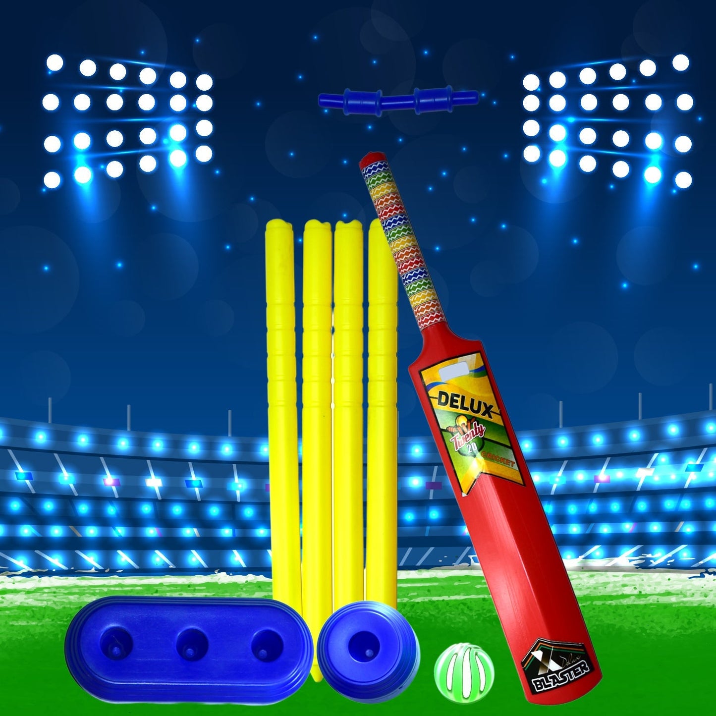 Cricket set with plastic bat, ball, and stumps