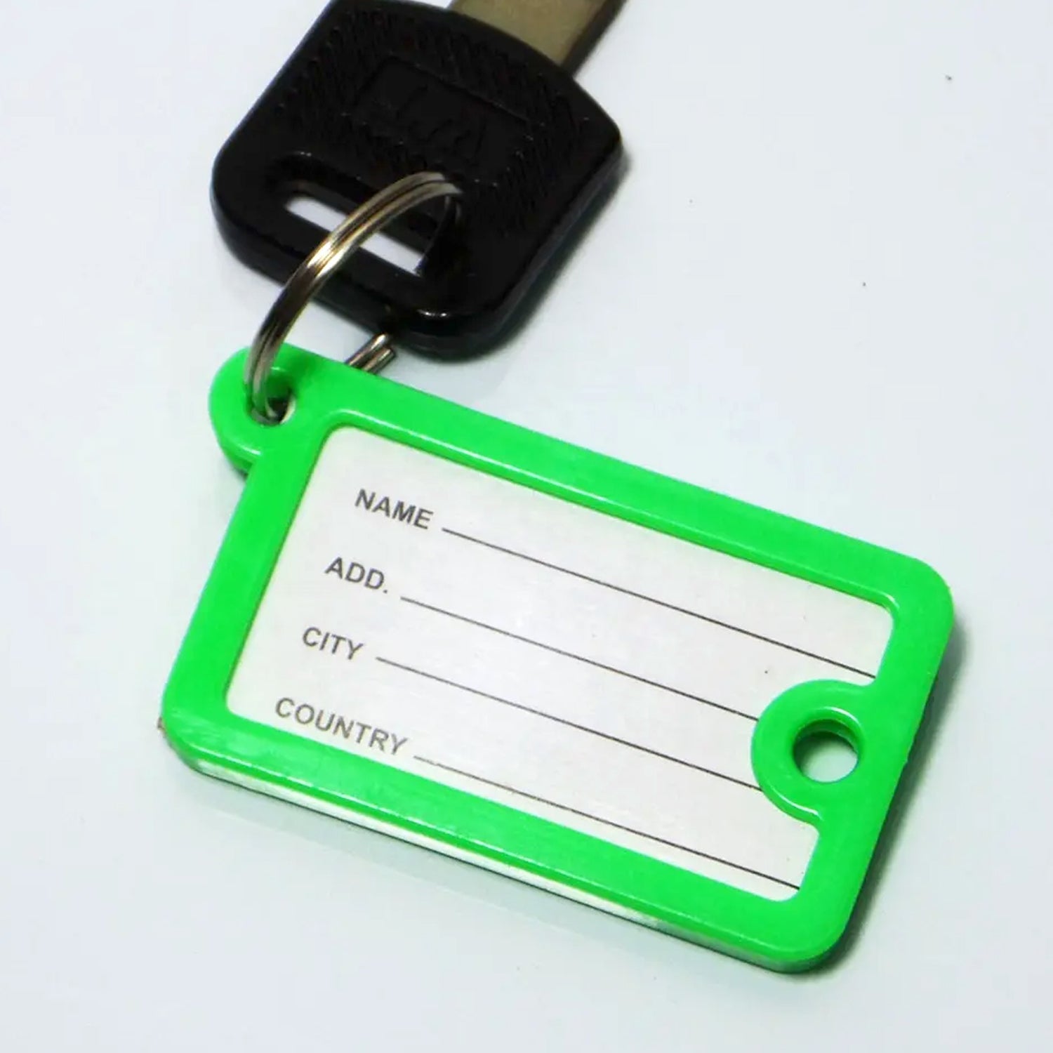 10 key tags with plastic rings, numbered, set includes backpack keychain.