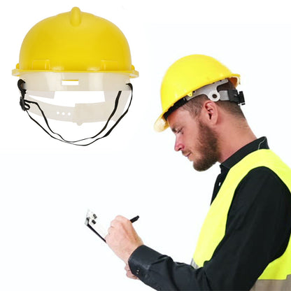 Construction safety helmet in yellow plastic for high visibility.