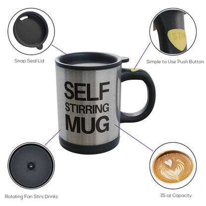 Self-stirring mug designed for effortless beverage preparation and mixing.