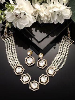 Gold Plated Pearl Beaded Hexagonal Polki Kundan Necklace Set for Women