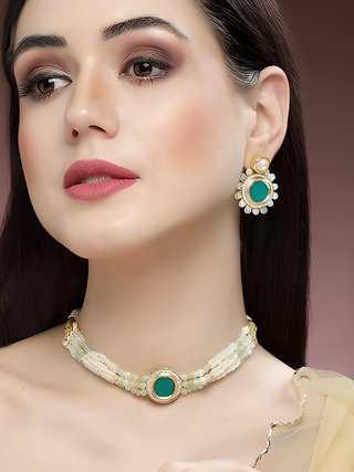Gold plated Lime Green Beads and Pearl Beaded Green Polki Kundan Choker Necklace Set