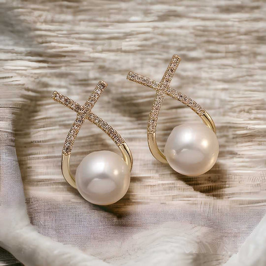 KOREAN Studded Cross Pearl Earrings For Women And Girls