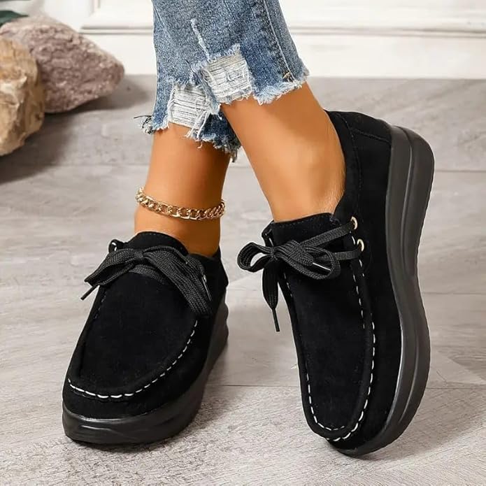 Thox Casual Platform Wedge Heel Lace Up Shoes For Women (Black)