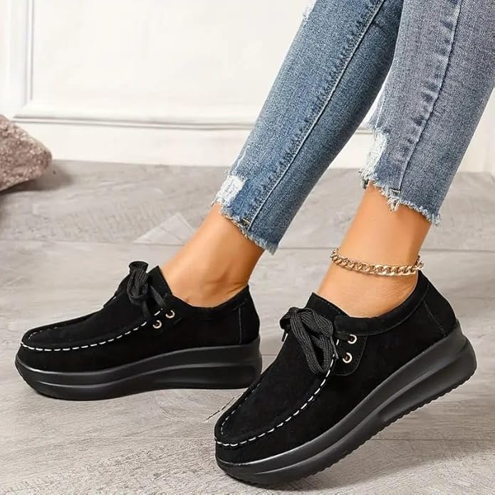 Thox Casual Platform Wedge Heel Lace Up Shoes For Women (Black)
