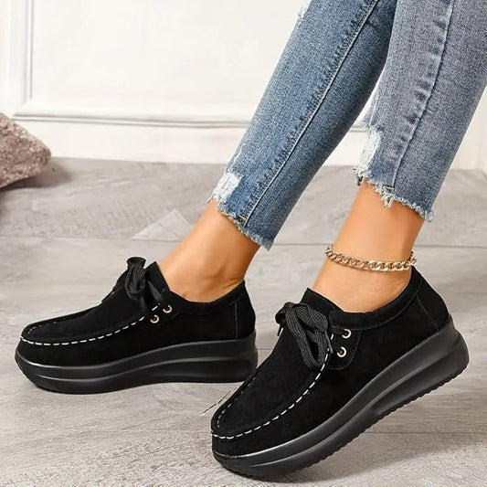 Thox Casual Platform Wedge Heel Lace Up Shoes For Women (Black)