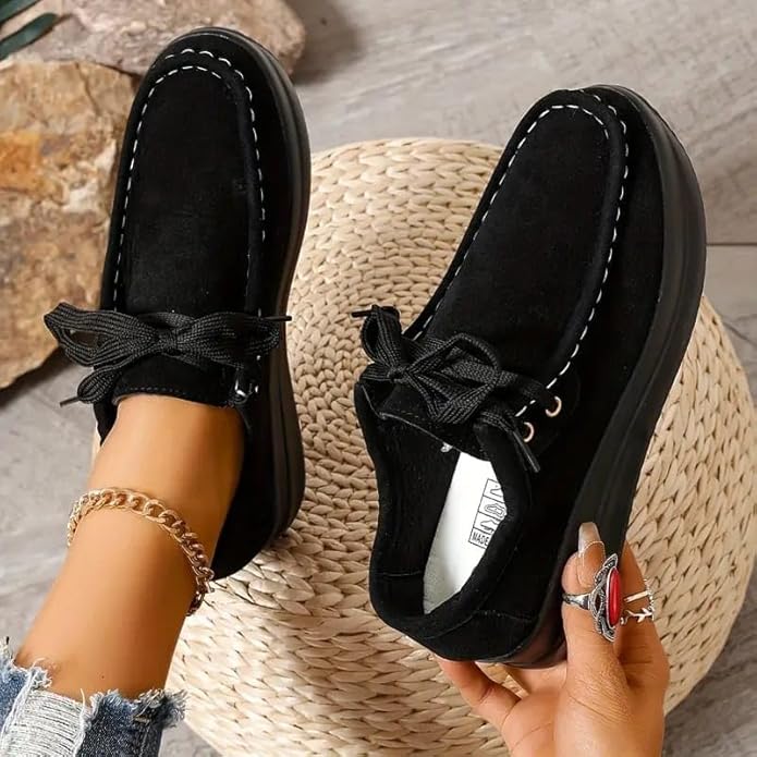 Thox Casual Platform Wedge Heel Lace Up Shoes For Women (Black)