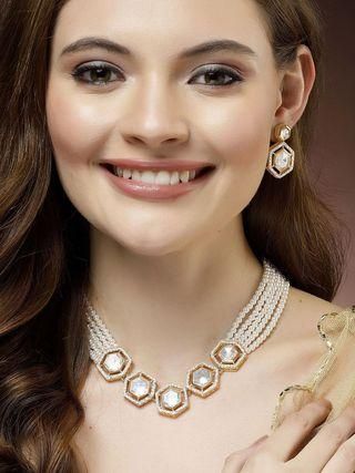 Gold Plated Pearl Beaded Hexagonal Polki Kundan Necklace Set for Women