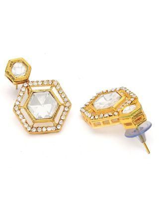 Gold Plated Pearl Beaded Hexagonal Polki Kundan Necklace Set for Women
