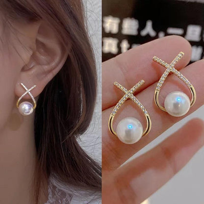 KOREAN Studded Cross Pearl Earrings For Women And Girls