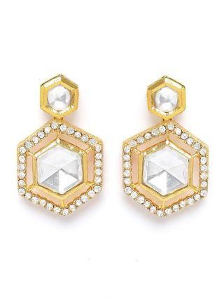 Gold Plated Pearl Beaded Hexagonal Polki Kundan Necklace Set for Women