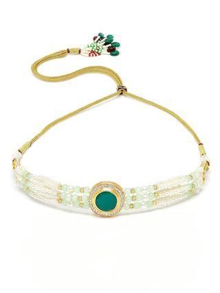 Gold plated Lime Green Beads and Pearl Beaded Green Polki Kundan Choker Necklace Set