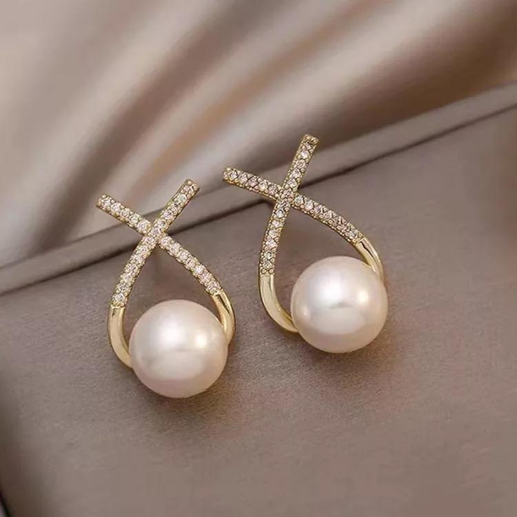 KOREAN Studded Cross Pearl Earrings For Women And Girls
