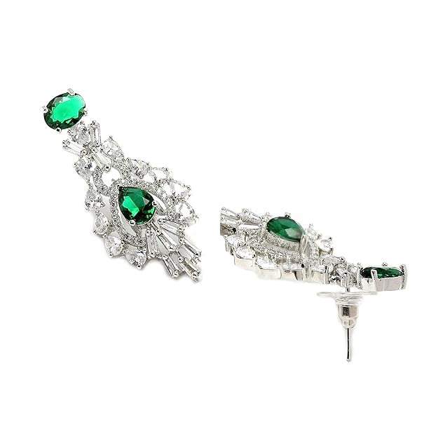 Rhodium-Plated American Diamond Studded Oval & Teardrop Shaped Necklace With Earrings Jewellery Set For Girls and Women