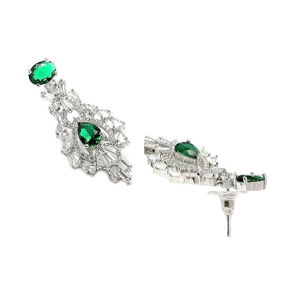 Rhodium-Plated American Diamond Studded Oval & Teardrop Shaped Necklace With Earrings Jewellery Set For Girls and Women