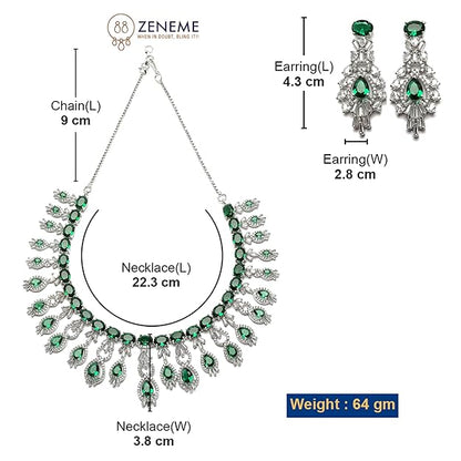 Rhodium-Plated American Diamond Studded Oval & Teardrop Shaped Necklace With Earrings Jewellery Set For Girls and Women