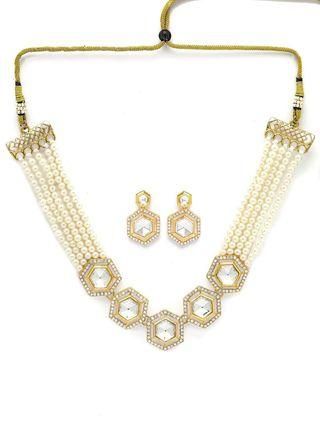 Gold Plated Pearl Beaded Hexagonal Polki Kundan Necklace Set for Women