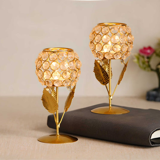 Leaf Design Crystal Glass Tea Light Holders – Set of 2