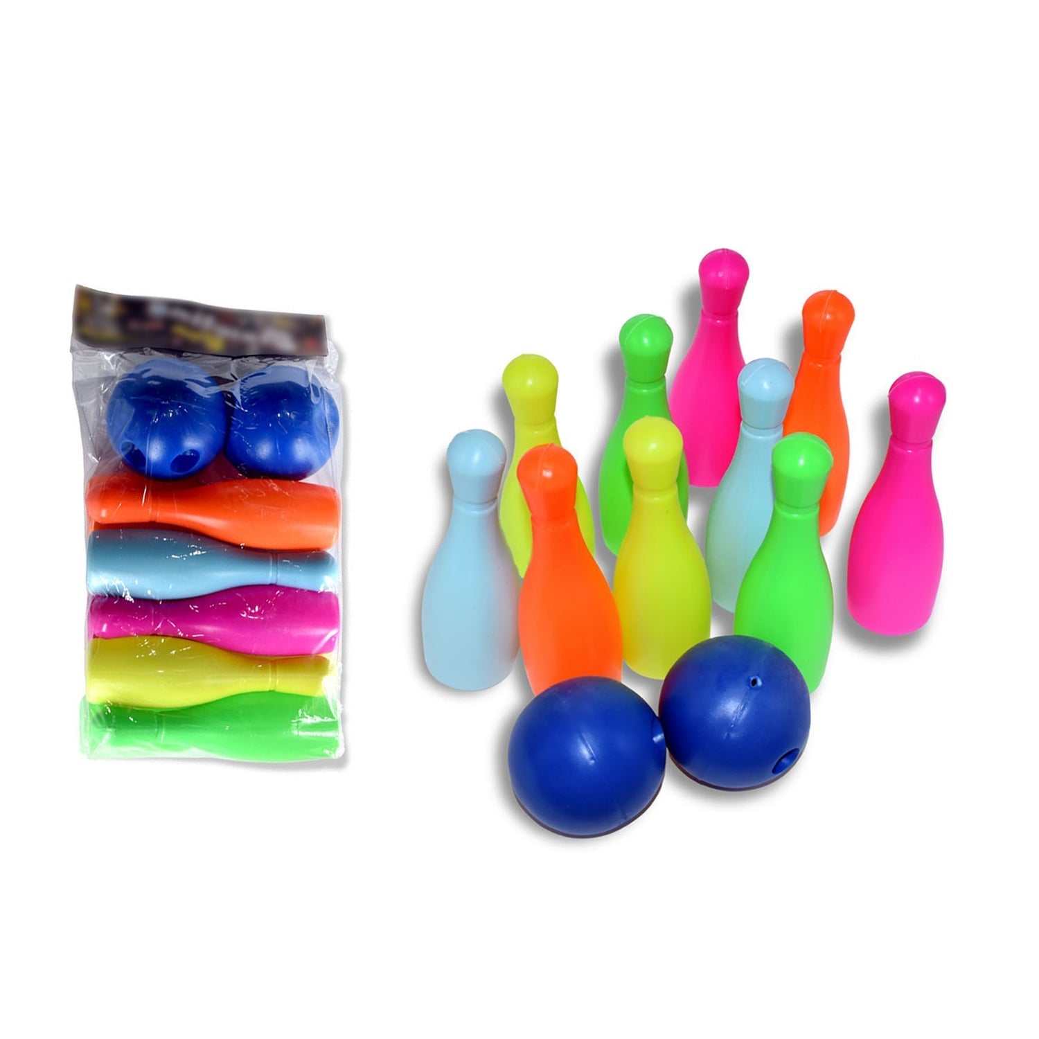 Set of bowling pins and ball in various colors for kids