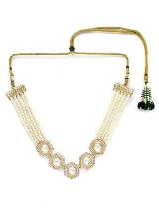 Gold Plated Pearl Beaded Hexagonal Polki Kundan Necklace Set for Women
